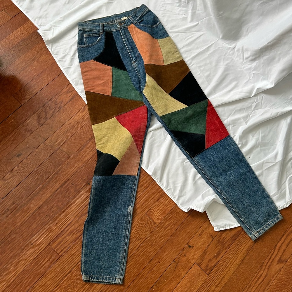 Vintage Seruchi Suede Patchwork High Waisted Straight Leg Denim Jean
